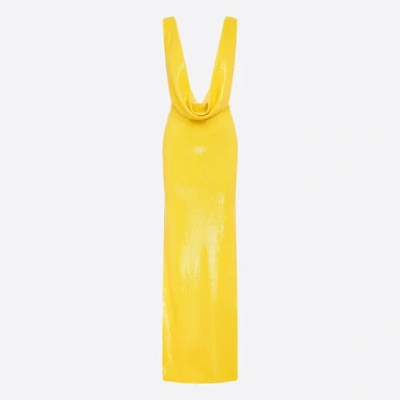 Alex Perry Cowl Neck Sequin Embellished Gown in Yellow